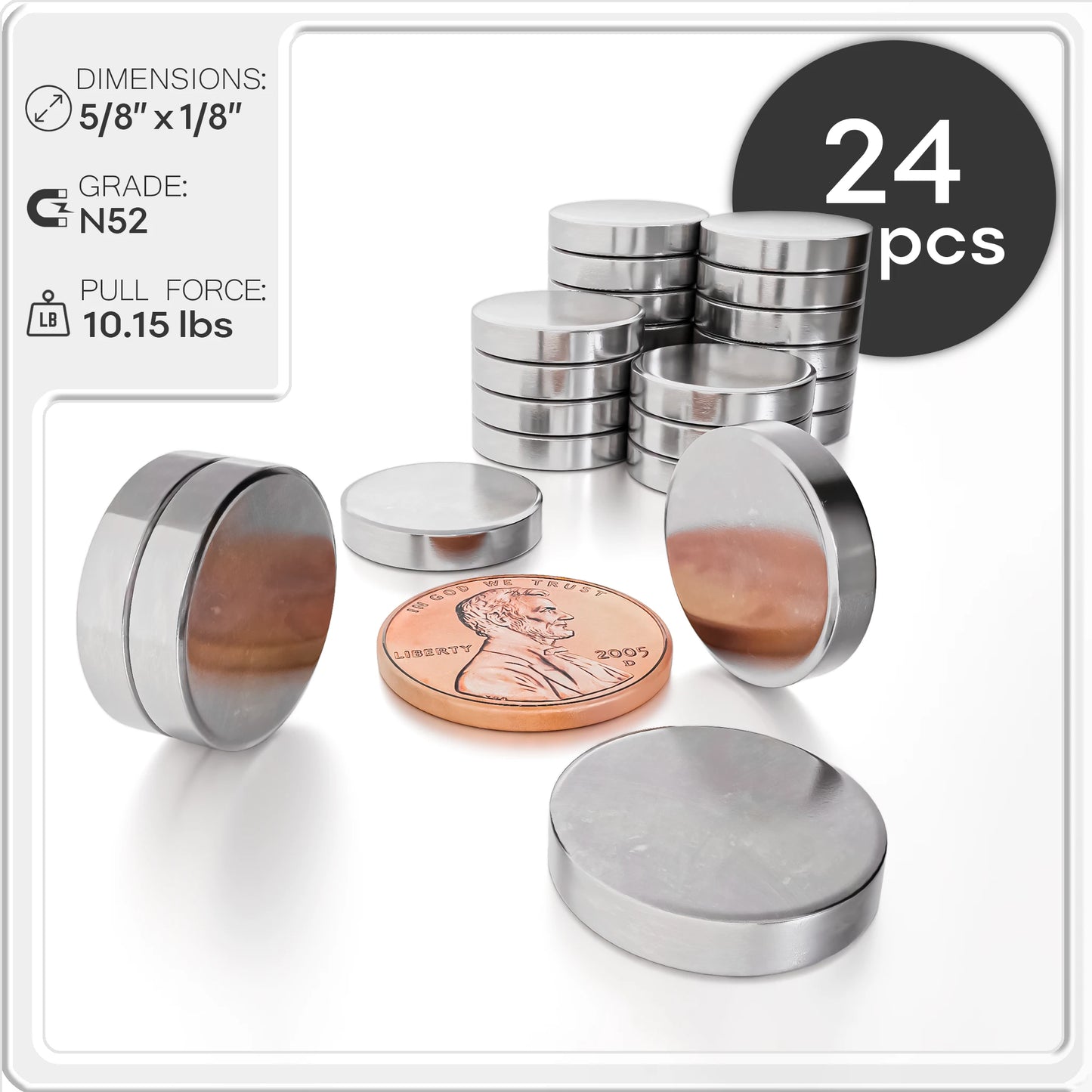 5/8 x 1/8 Inch Neodymium Rare Earth Disc Magnets N52