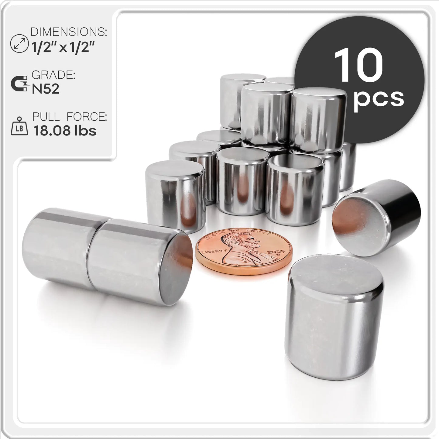 Neodymium Cylinder Magnets N48 1/2 x 1/2 inch