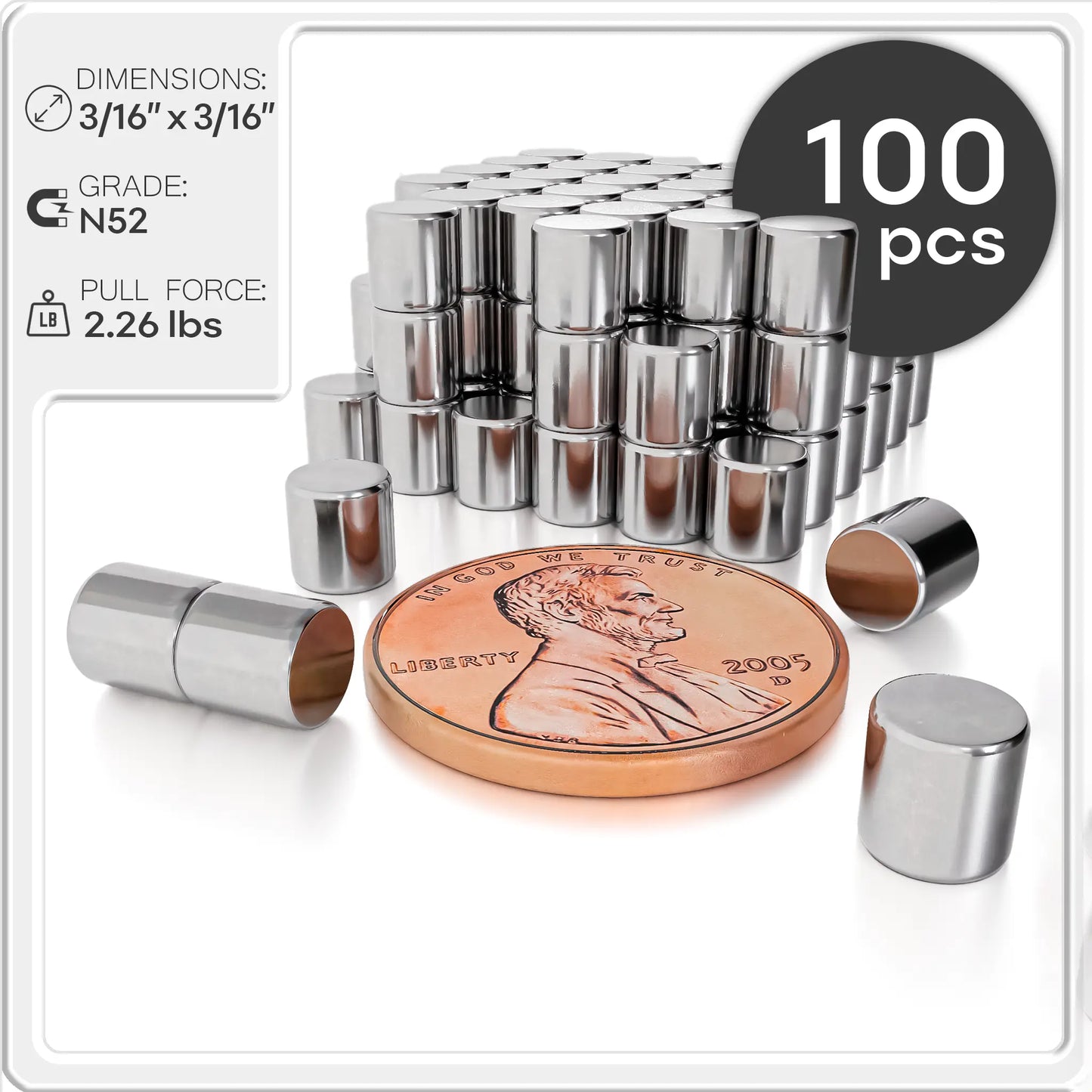 Neodymium Cylinder Magnets N50 3/16 x 3/16 inch