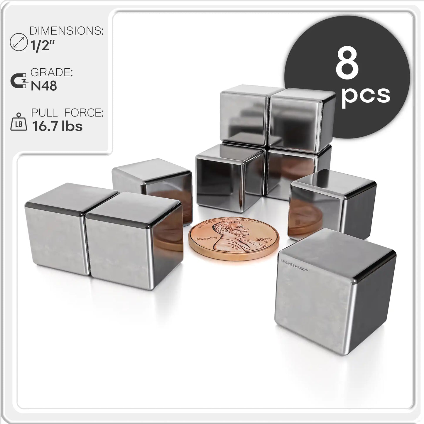 Neodymium Rare Earth Cube Magnet N48 1/2 inch