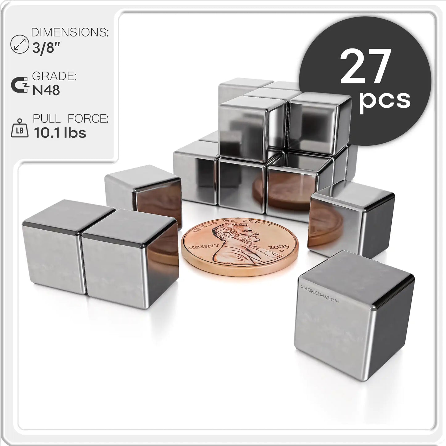 Neodymium Rare Earth Cube Magnet N48 3/8 inch