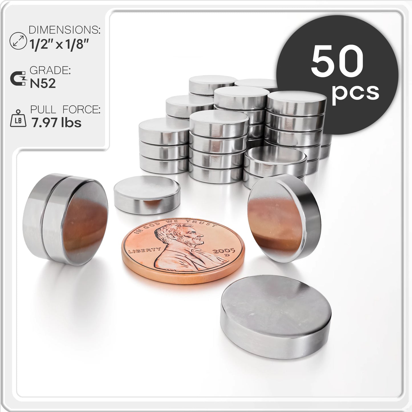 Neodymium Rare Earth Disc Magnets N52 1/2 x 1/8 inch