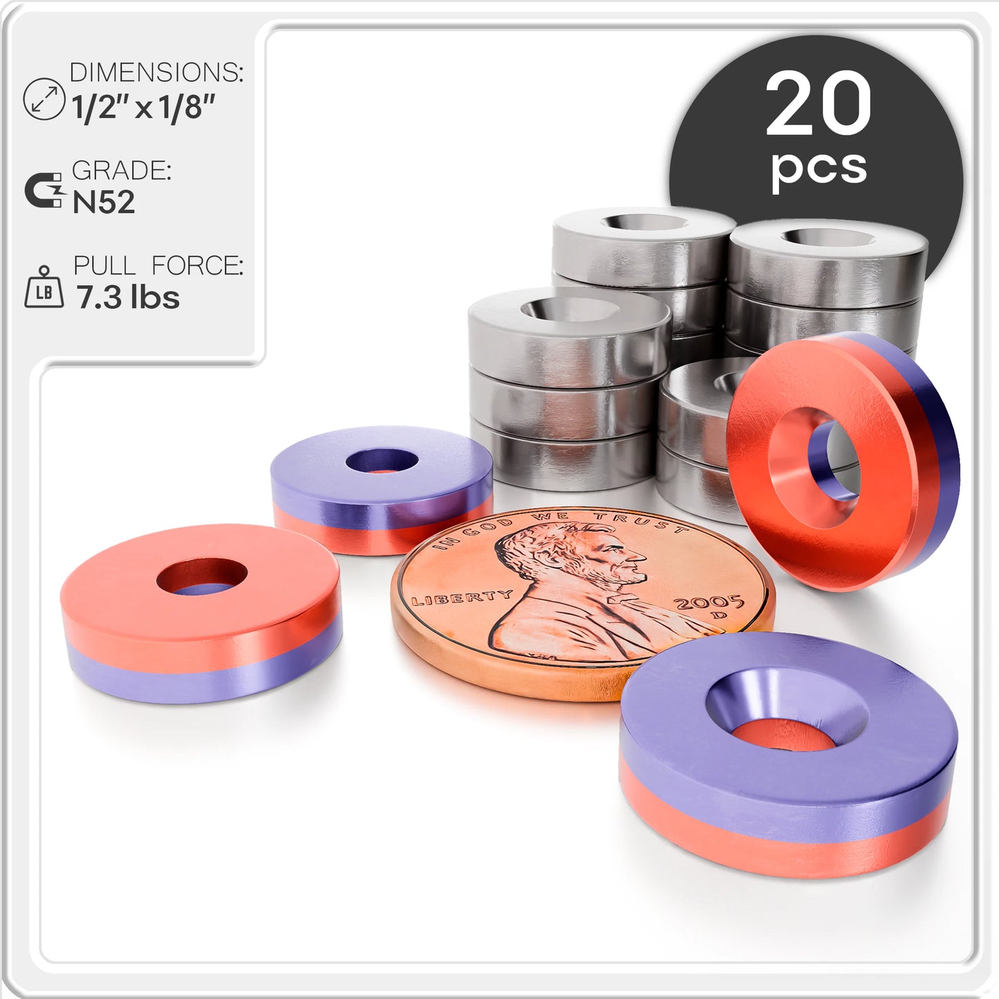 1/2 x 1/8 Inch Neodymium Rare Earth Countersunk Disc Magnets N52