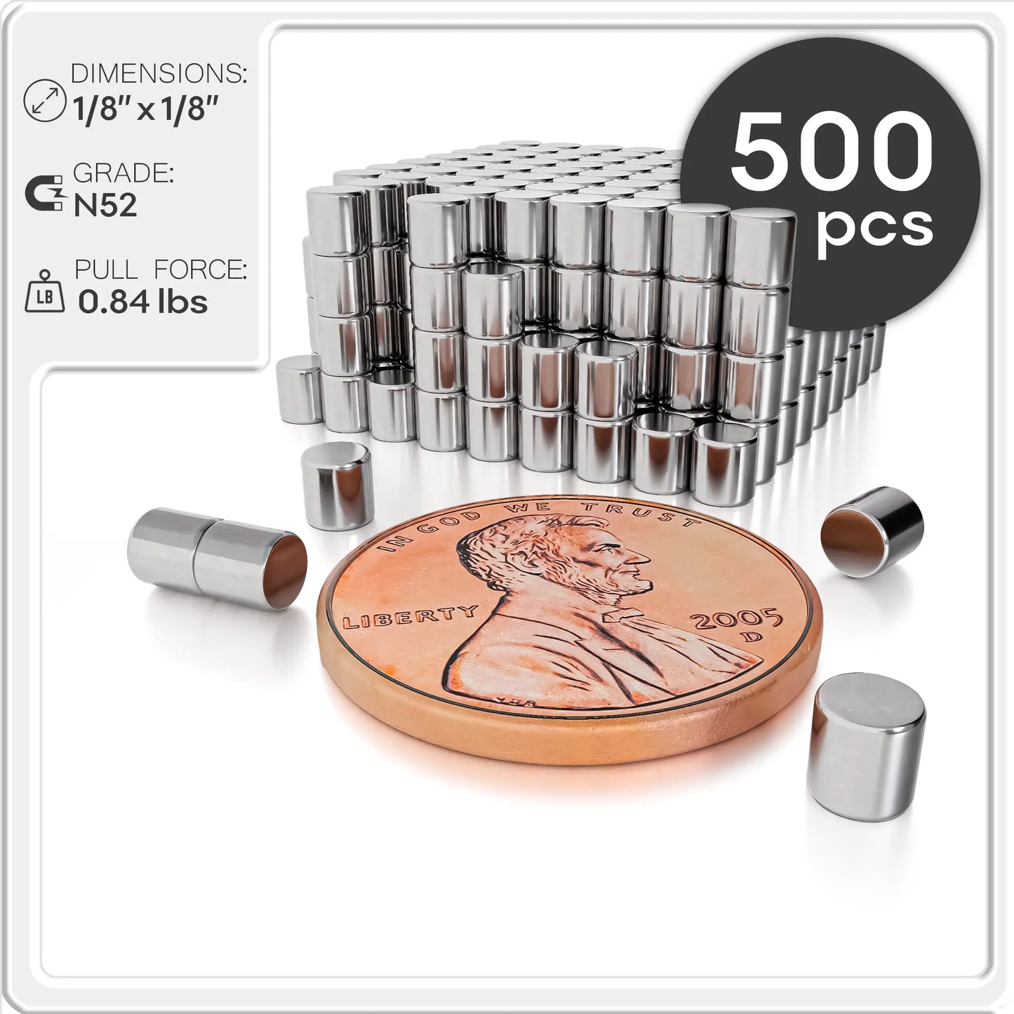 1/8 x 1/8 inch Neodymium Cylinder Magnets N52