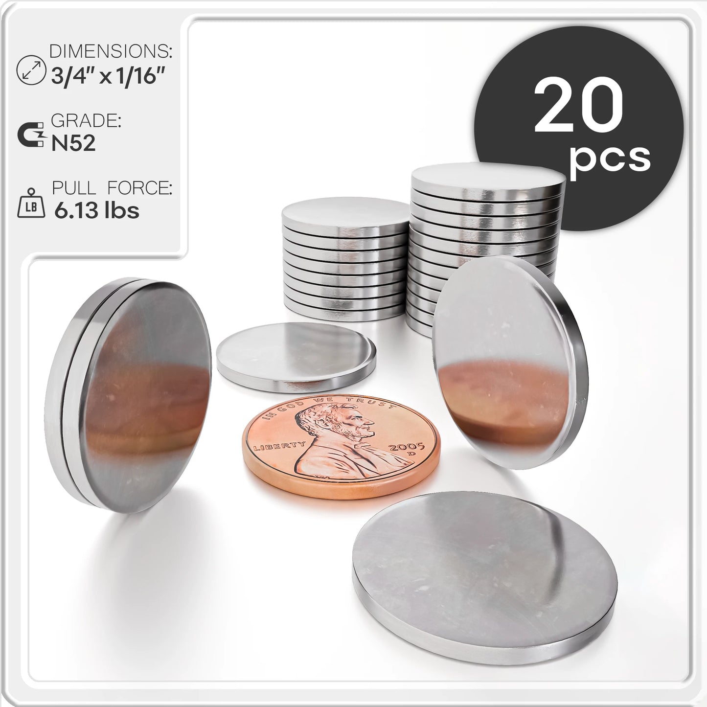 3/4 x 1/16 Inch Neodymium Rare Earth Disc Magnets N48