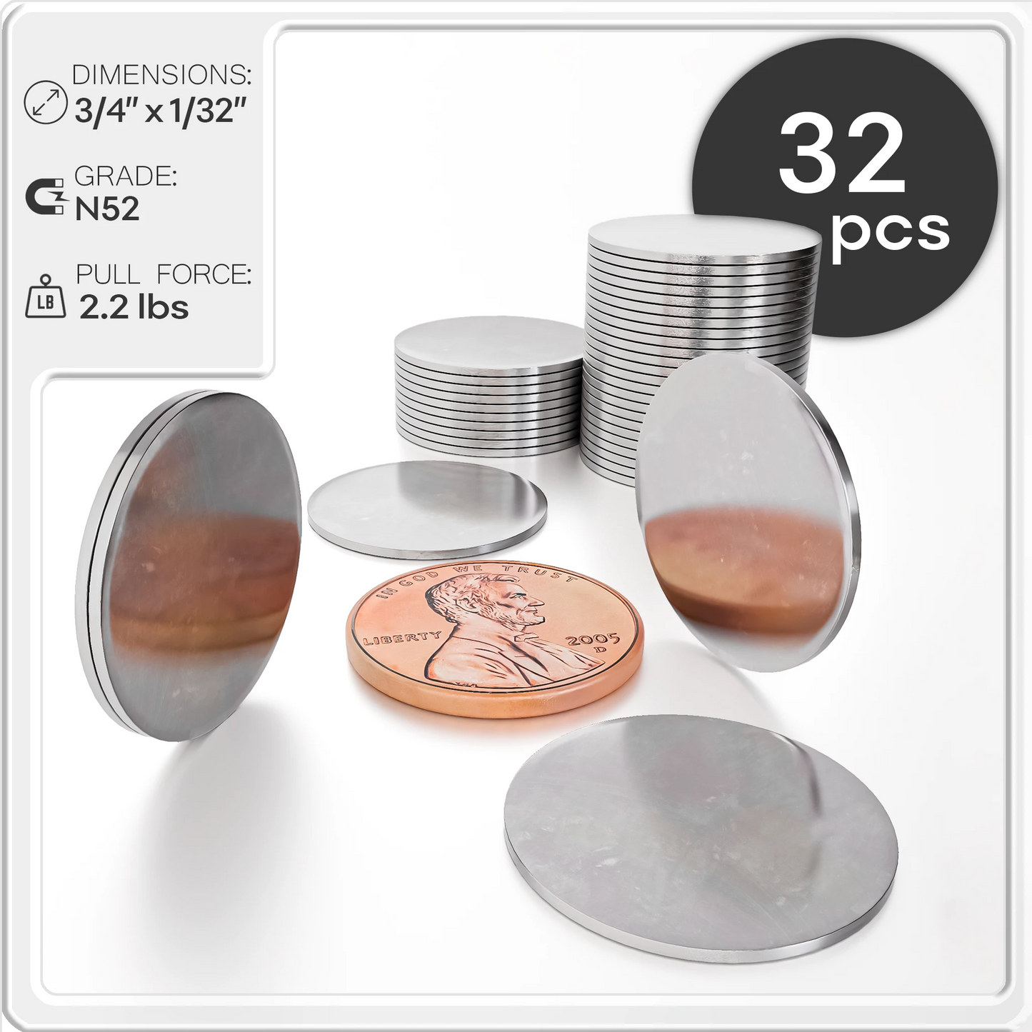 3/4 x 1/32 Inch Thin Neodymium Rare Earth Disc Magnets N52