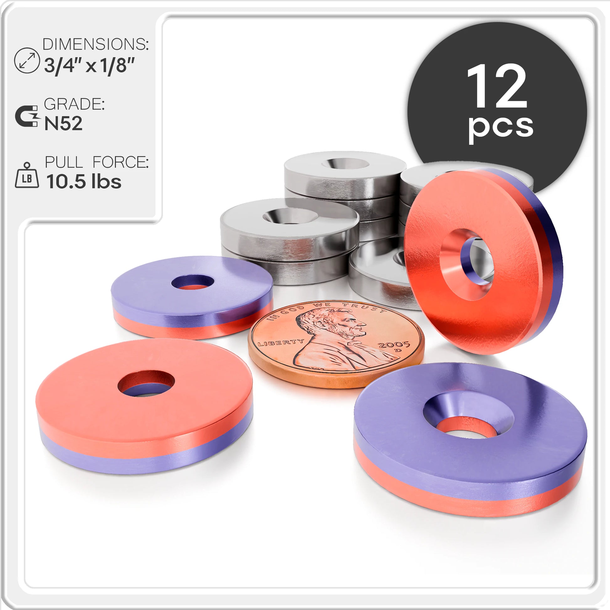 3/4 x 1/8 Inch Strong Neodymium Rare Earth Countersunk Disc Magnets N52