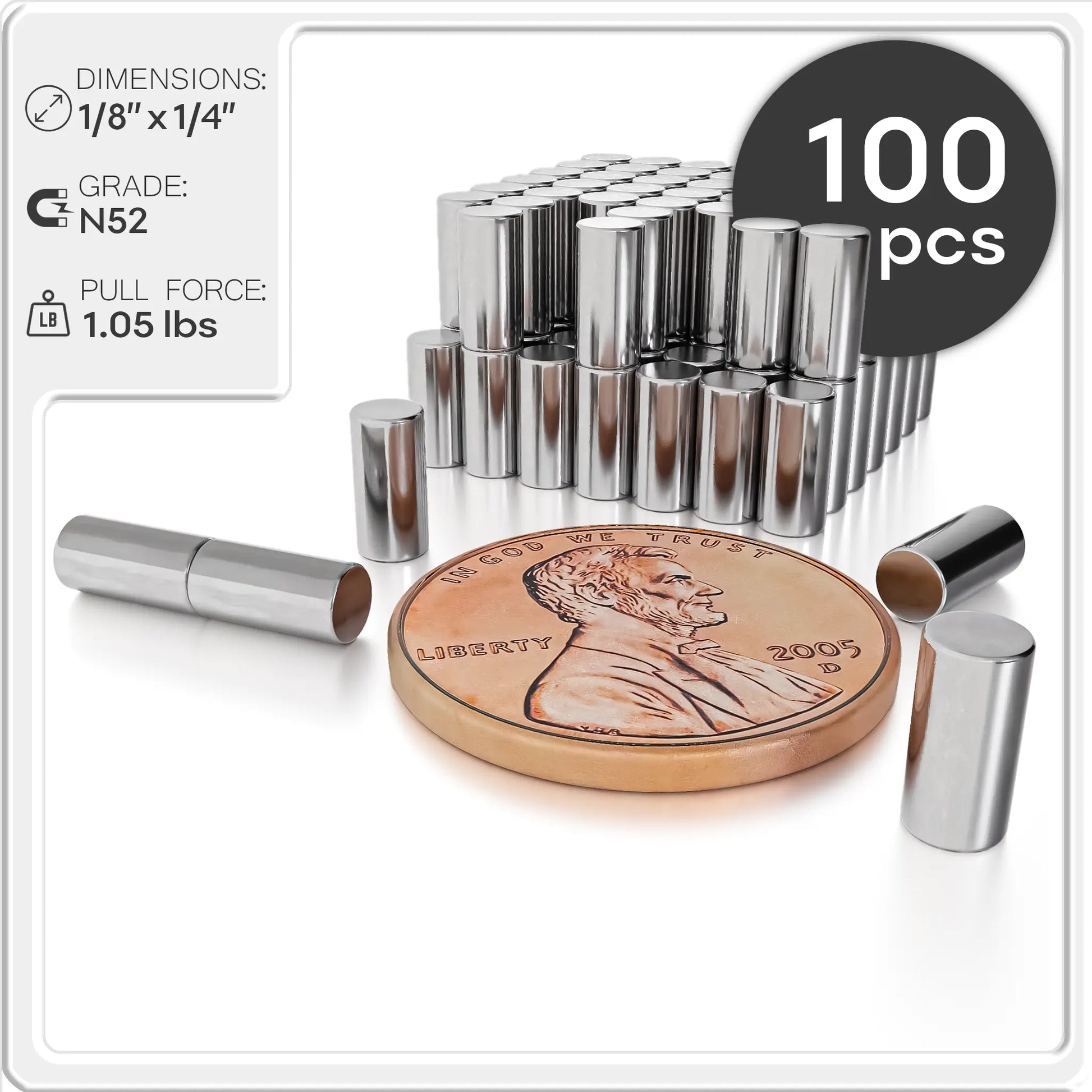 1/8 x 1/4 inch Neodymium Cylinder Magnets N48