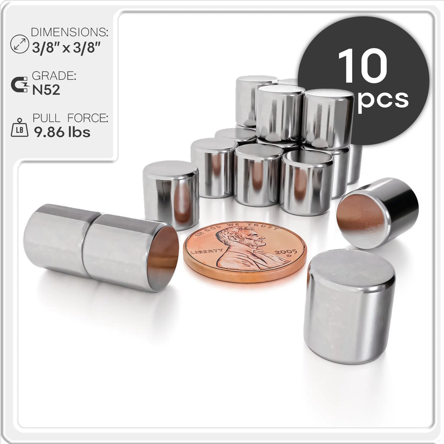 Neodymium Cylinder Magnets N50 3/8 x 3/8 inch