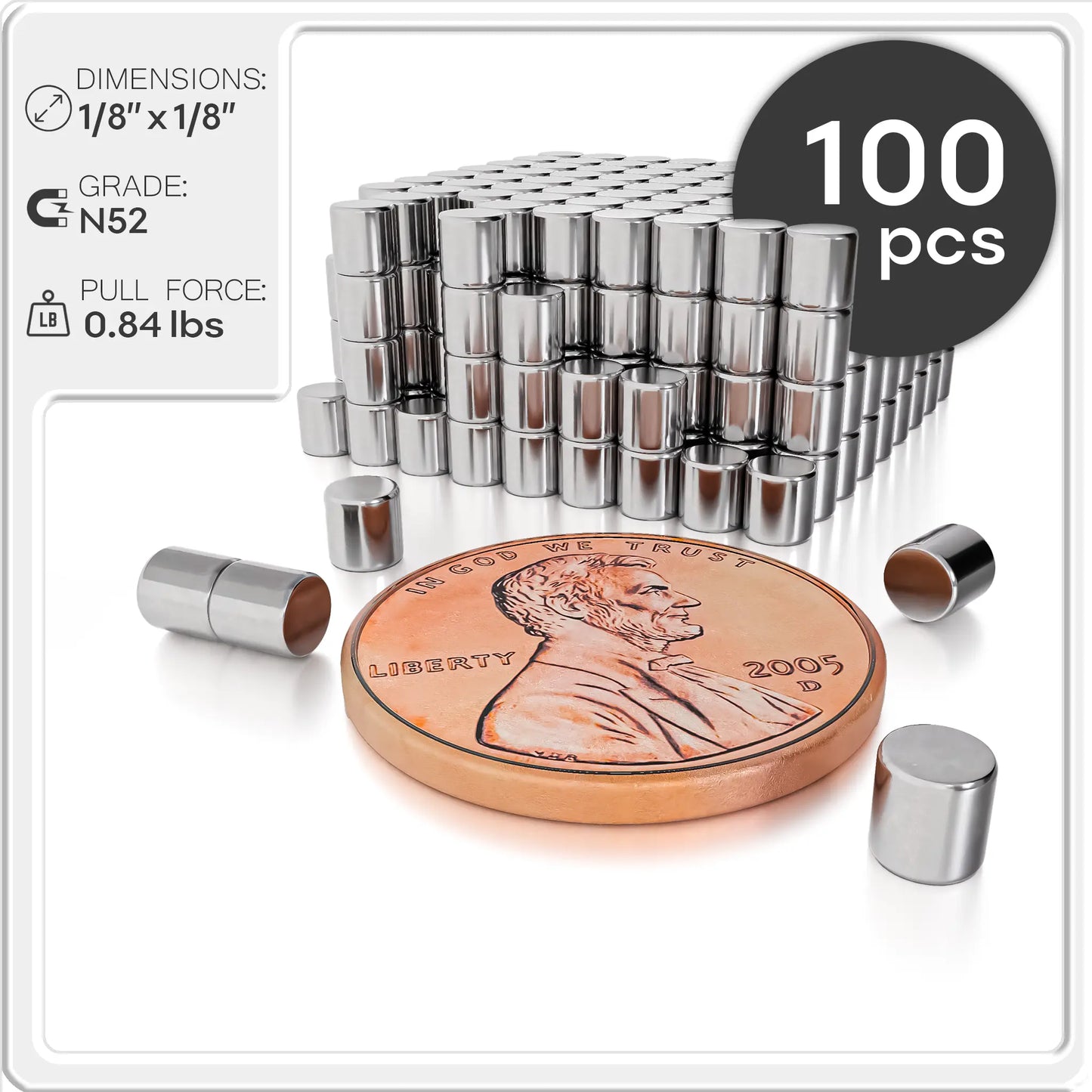 Neodymium Cylinder Magnets N52 1/8 x 1/8 inch