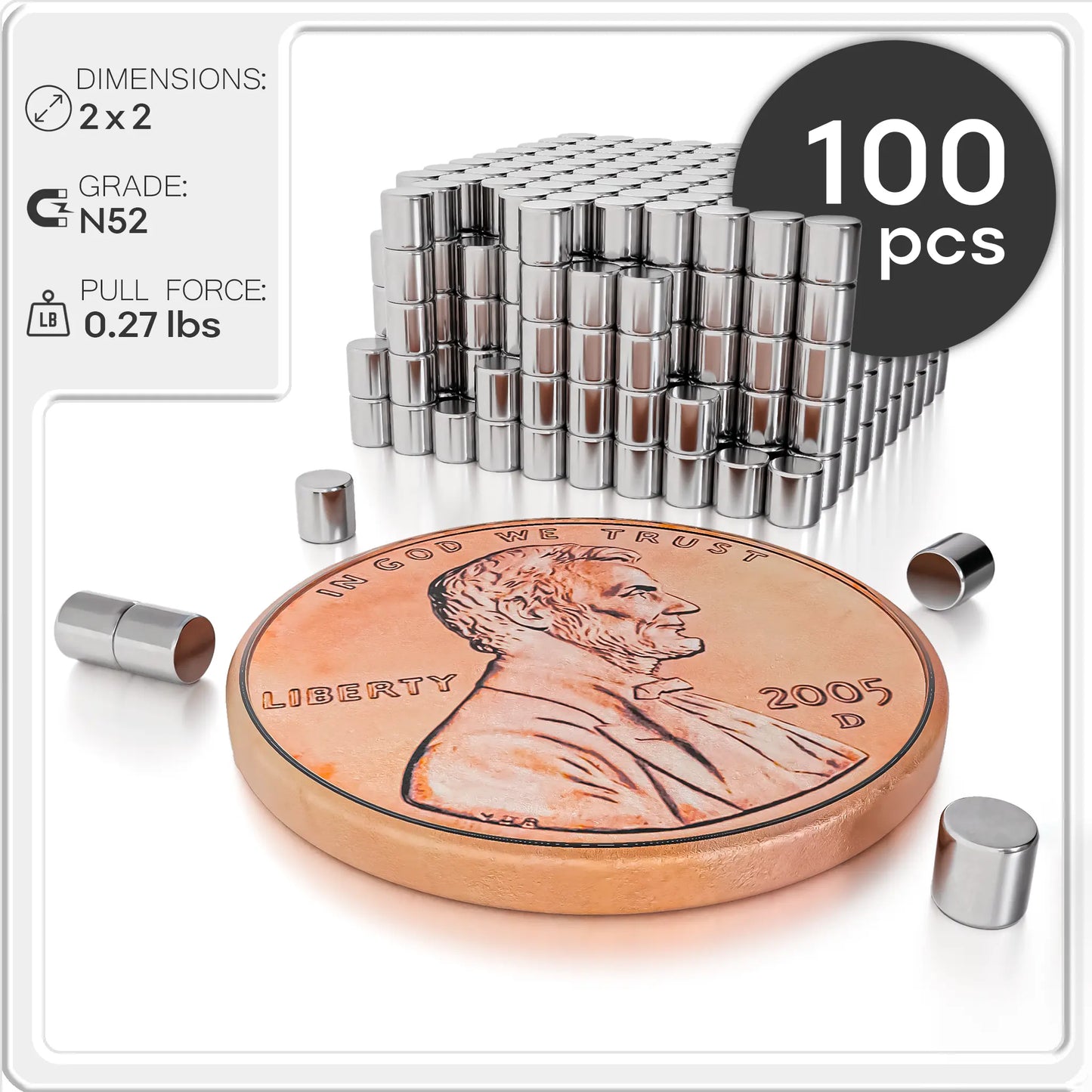 Neodymium Cylinder Magnets N52 2 mm x 2 mm