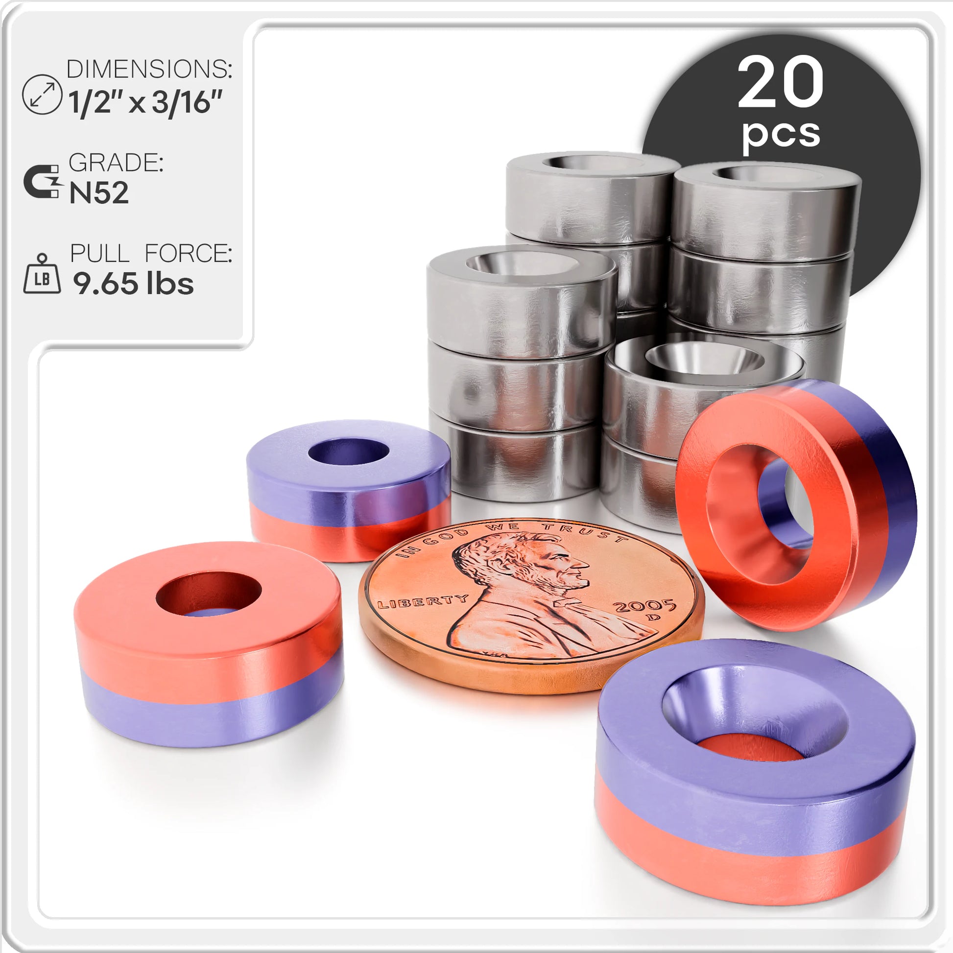 1/2 x 3/16 Inch Strong Neodymium Rare Earth Countersunk Disc Magnets N52