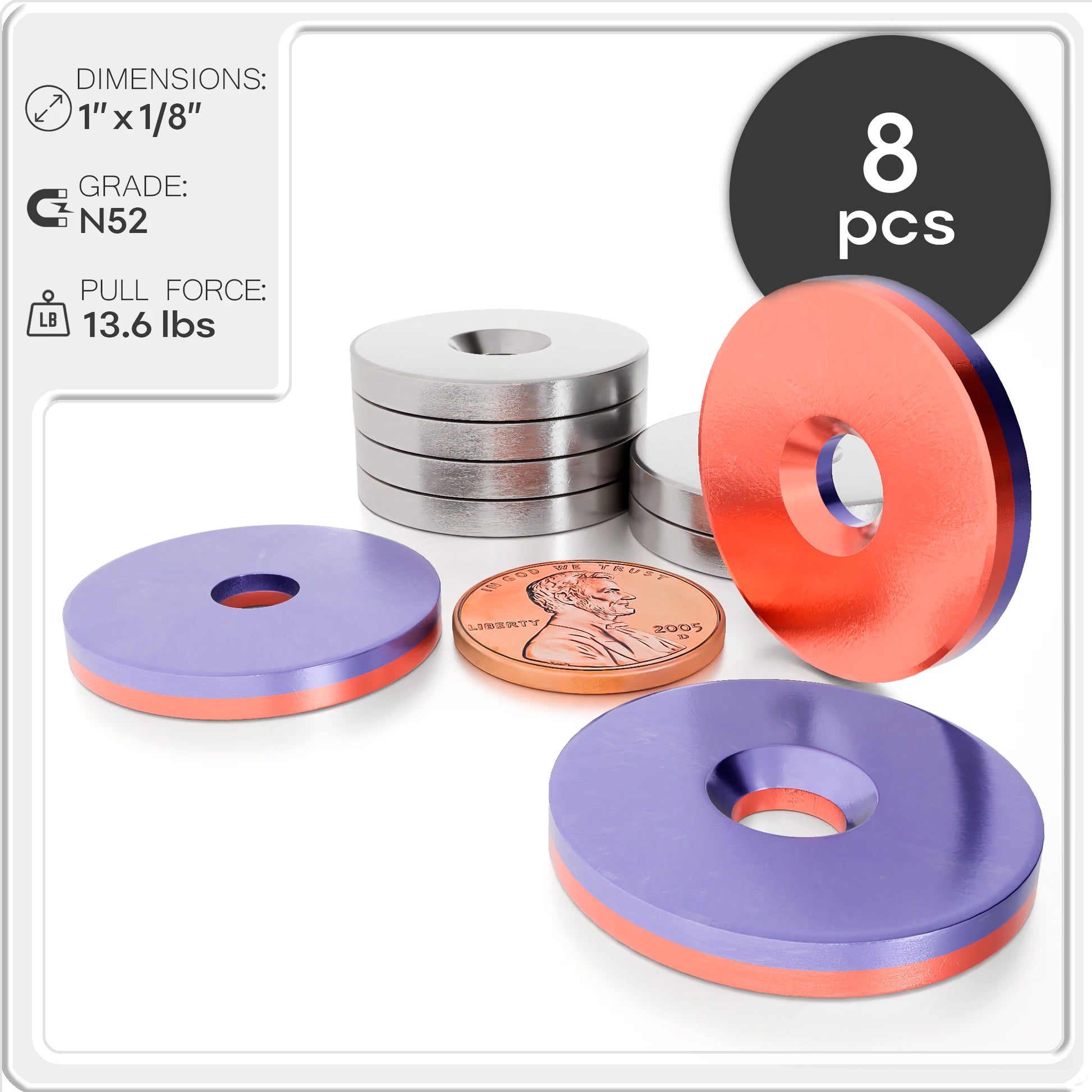 1 x 1/8 Inch Strong Neodymium Rare Earth Countersunk Disc Magnets N52