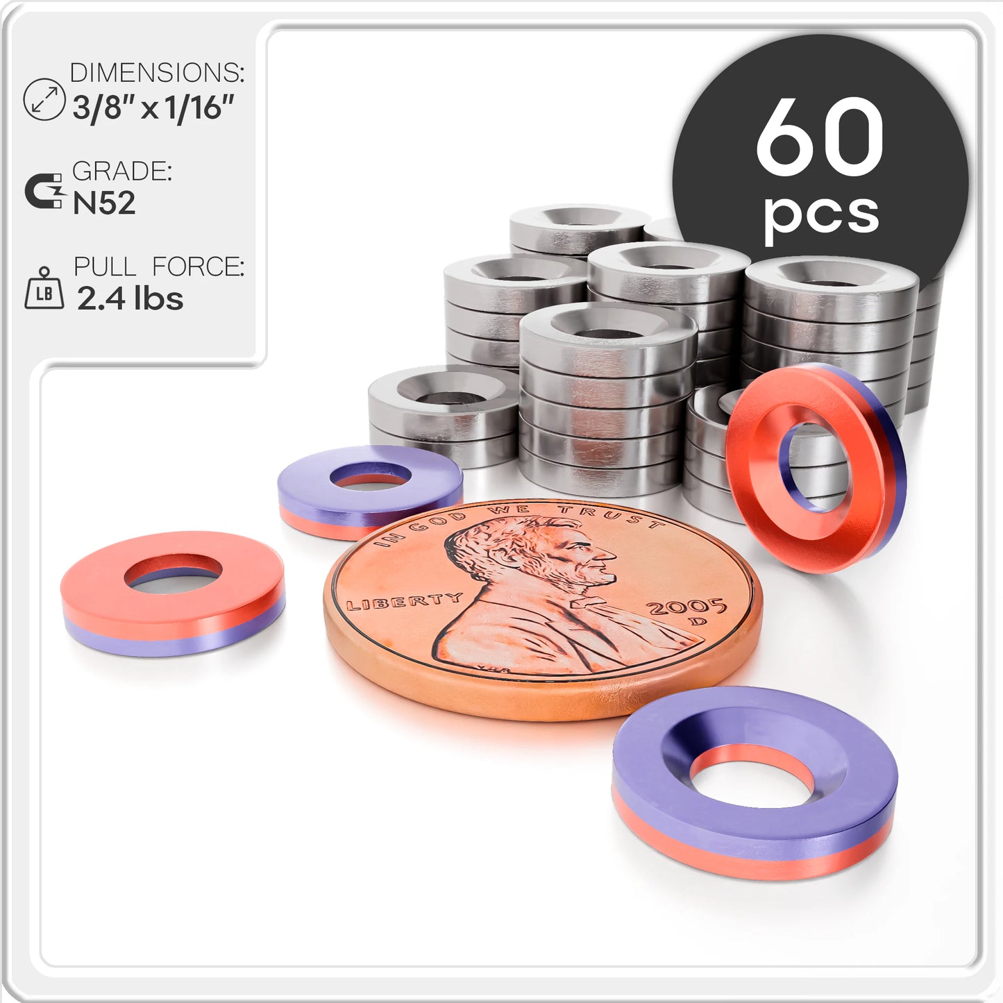 Neodymium Rare Earth Countersunk Disc Magnets N52 3/8 x 1/16 inch