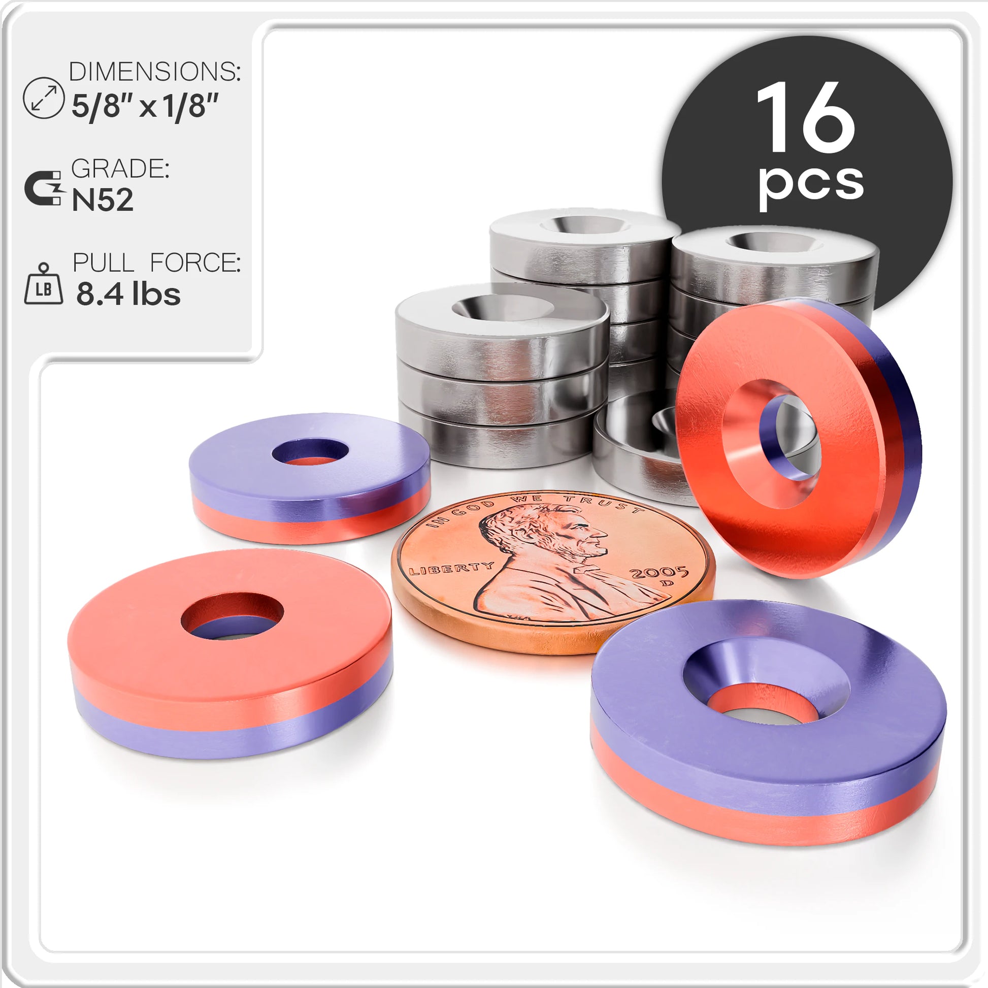 5/8 x 1/8 Inch Neodymium Rare Earth Countersunk Disc Magnets N52