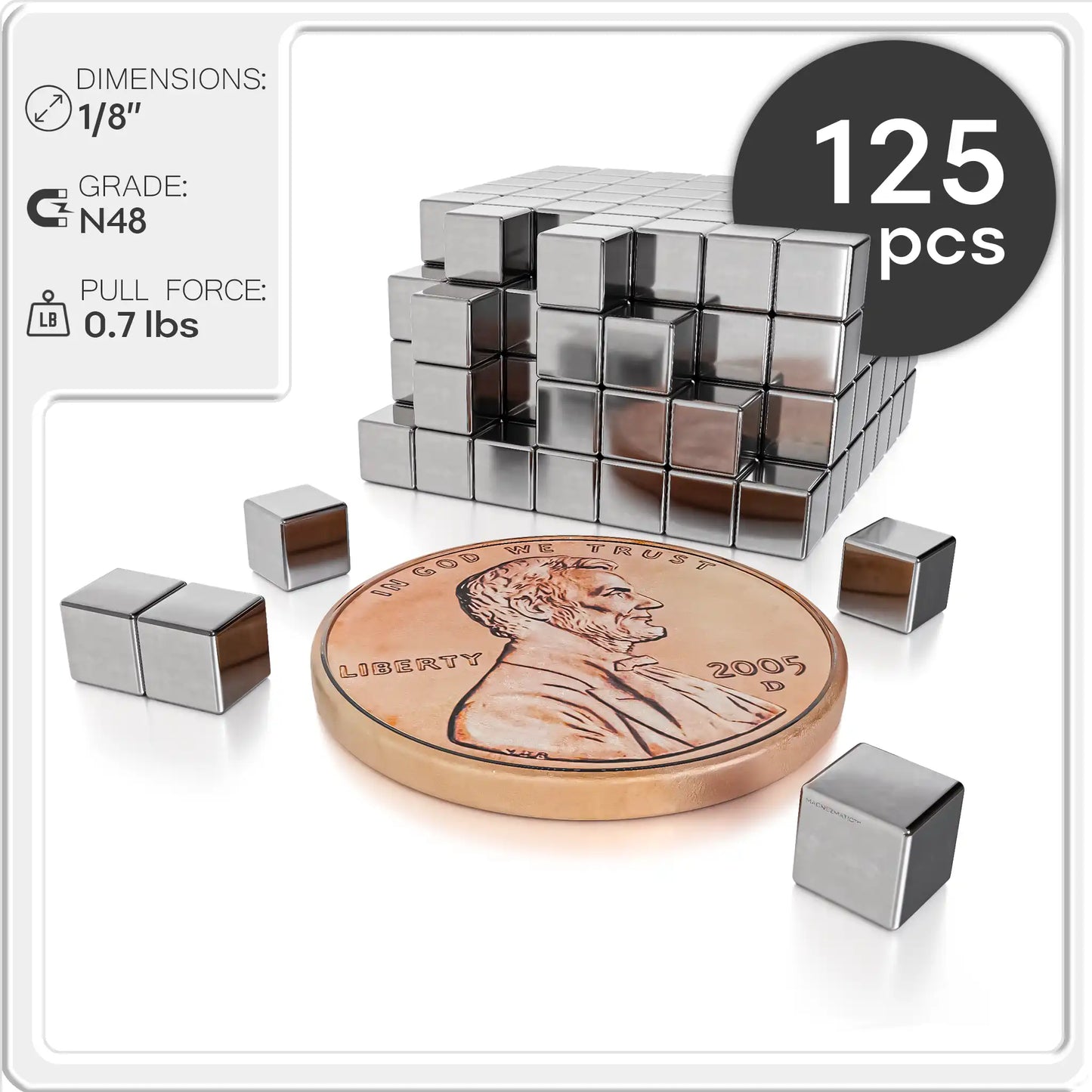Neodymium Rare Earth Cube Magnet N48 1/8 inch