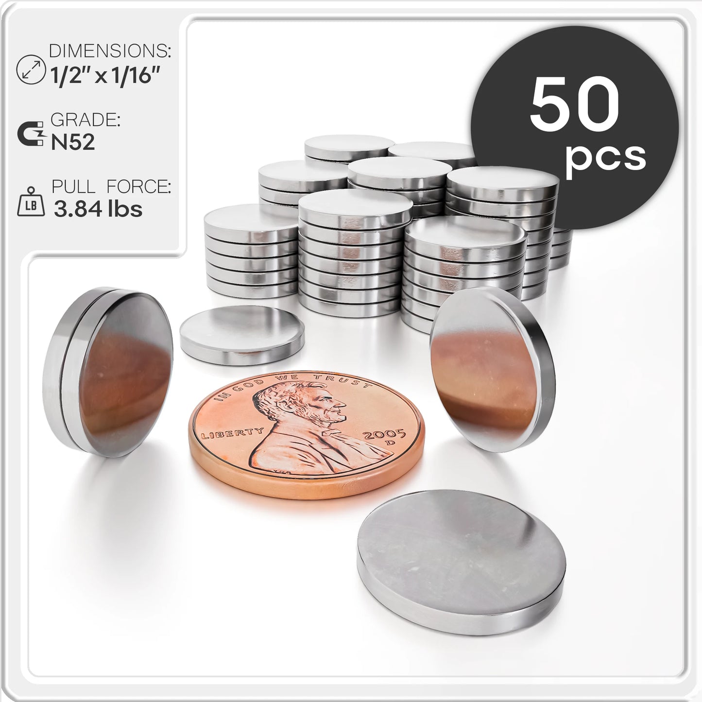 Neodymium Rare Earth Disc Magnets N48 1/2 x 1/16 inch