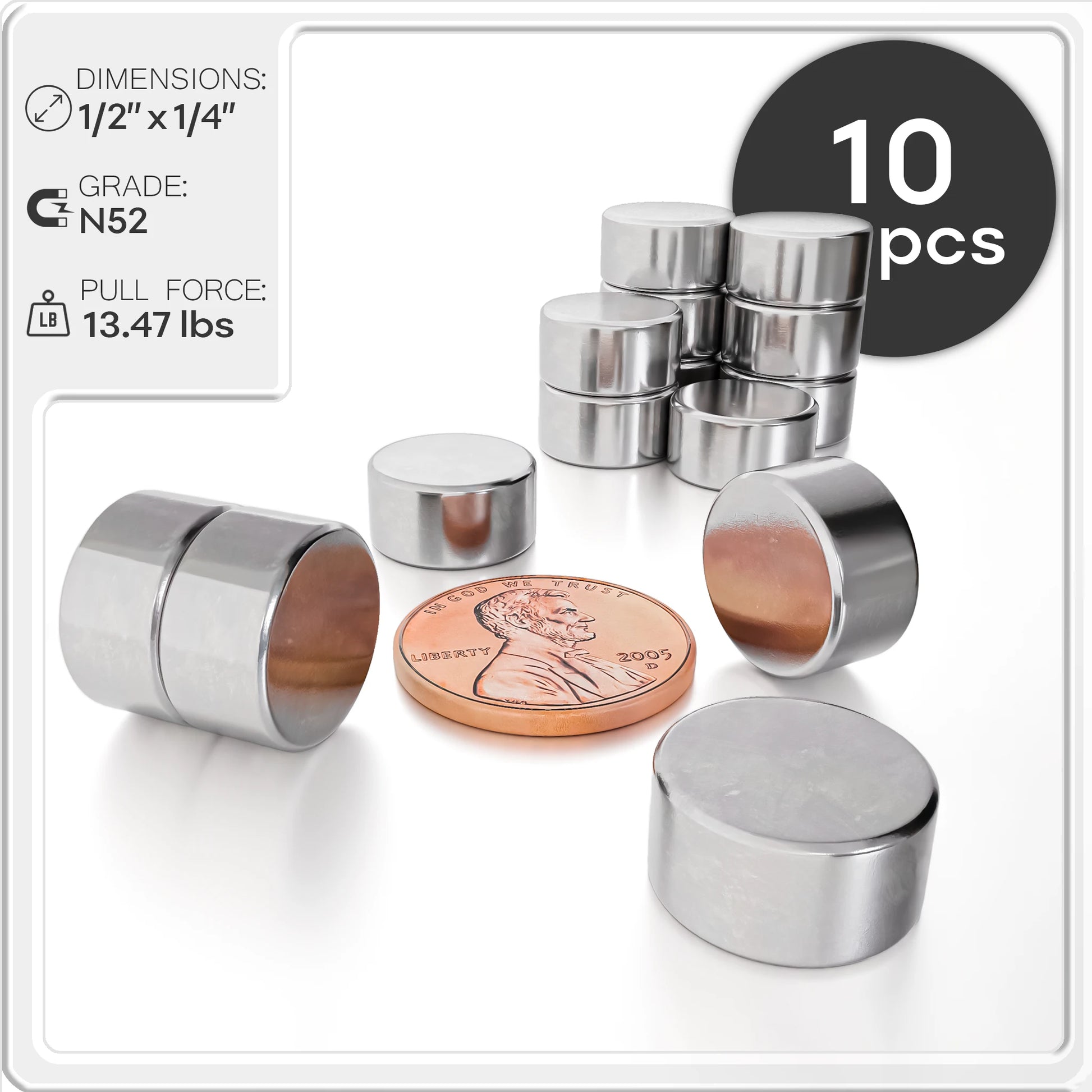 1/2 x 1/4 Inch Neodymium Rare Earth Disc Magnets N48