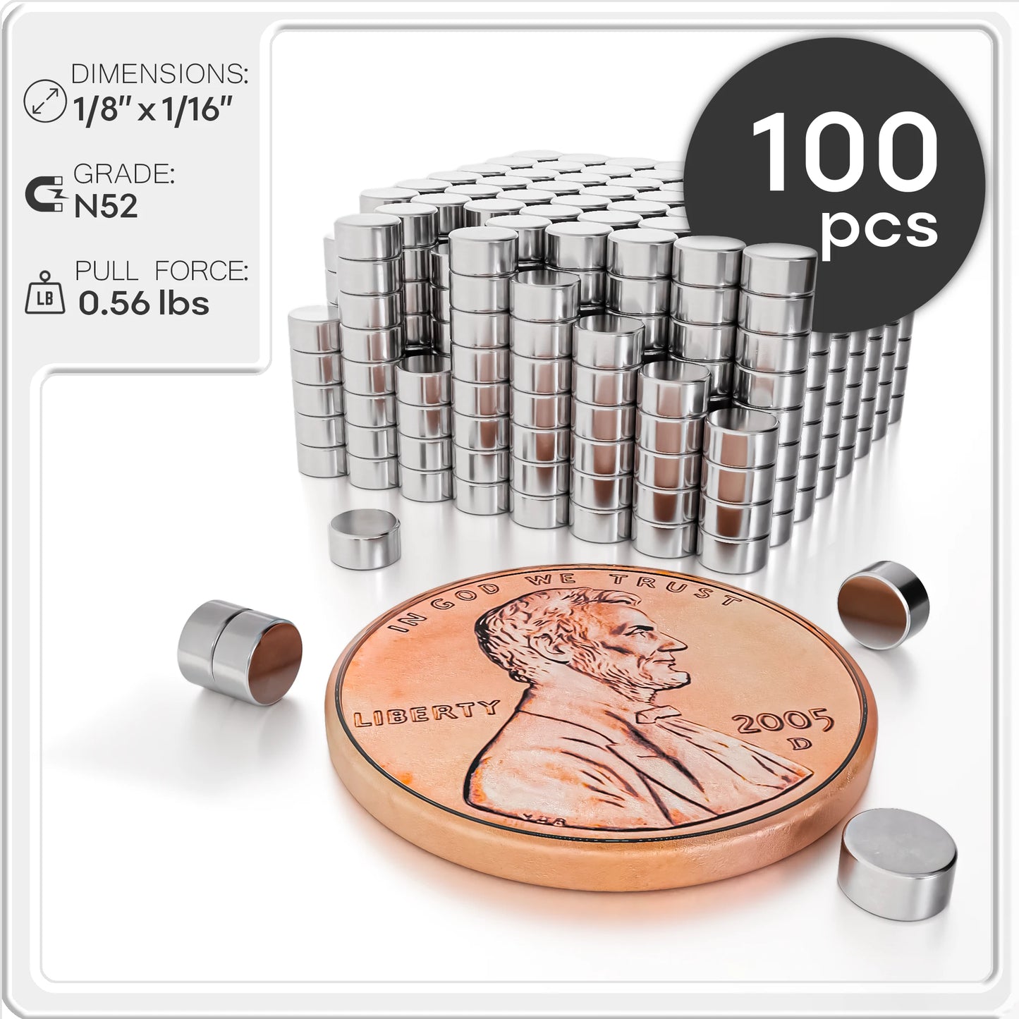 Neodymium Rare Earth Disc Magnets N50 1/8 x 1/16 inch