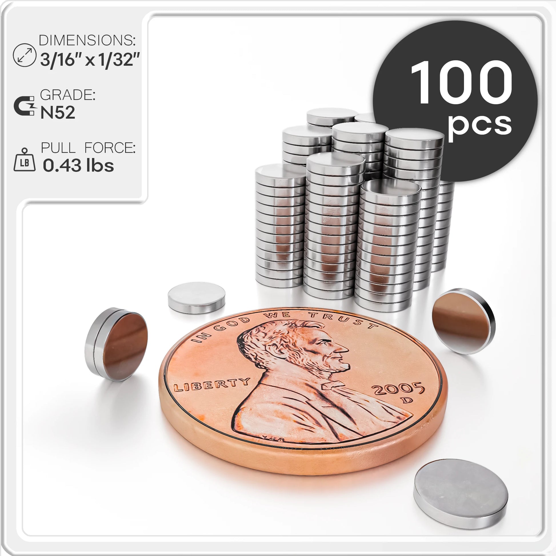 3/16 x 1/32 Inch Neodymium Rare Earth Disc Magnets N50