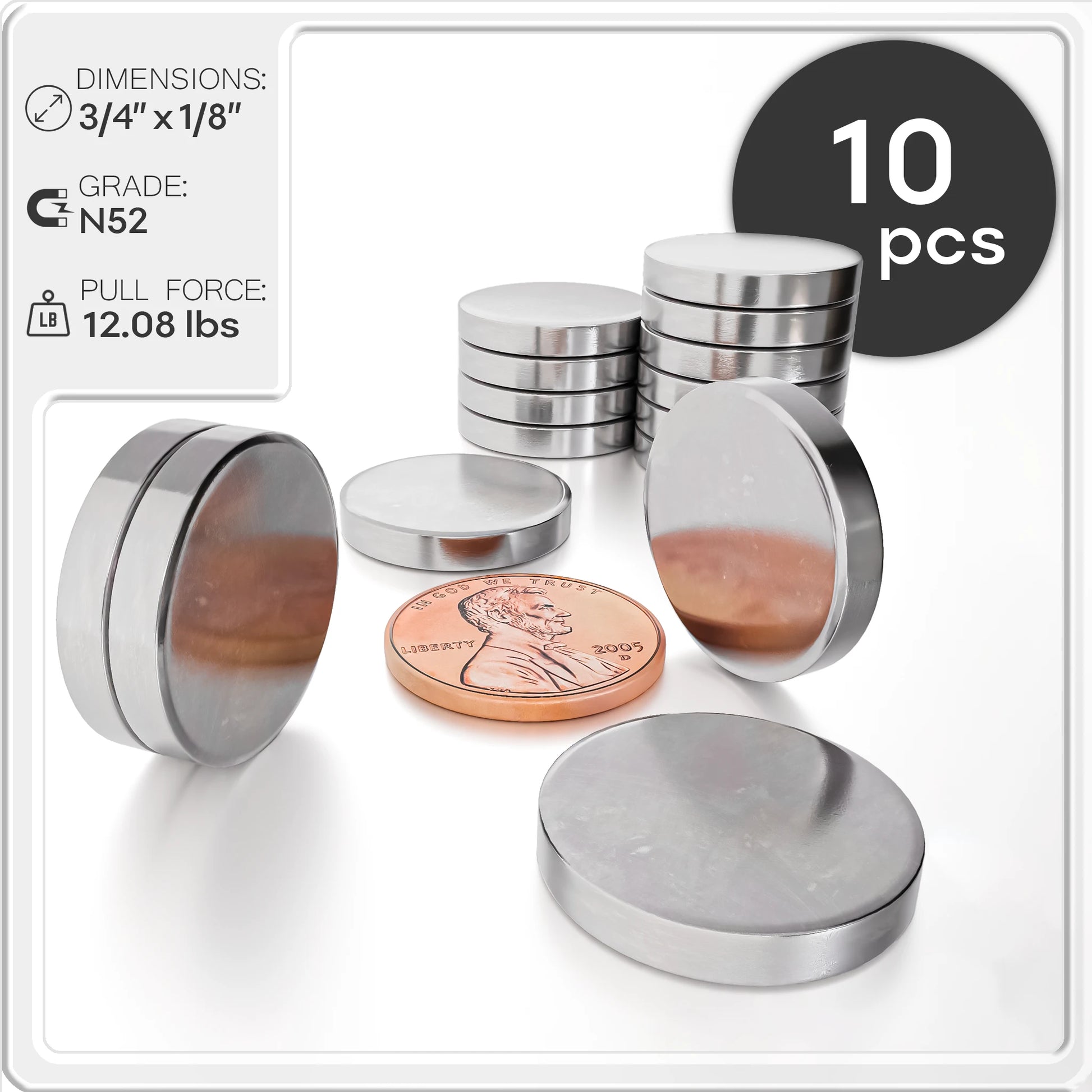 3/4 x 1/8 Inch Strong Neodymium Rare Earth Disc Magnets N52