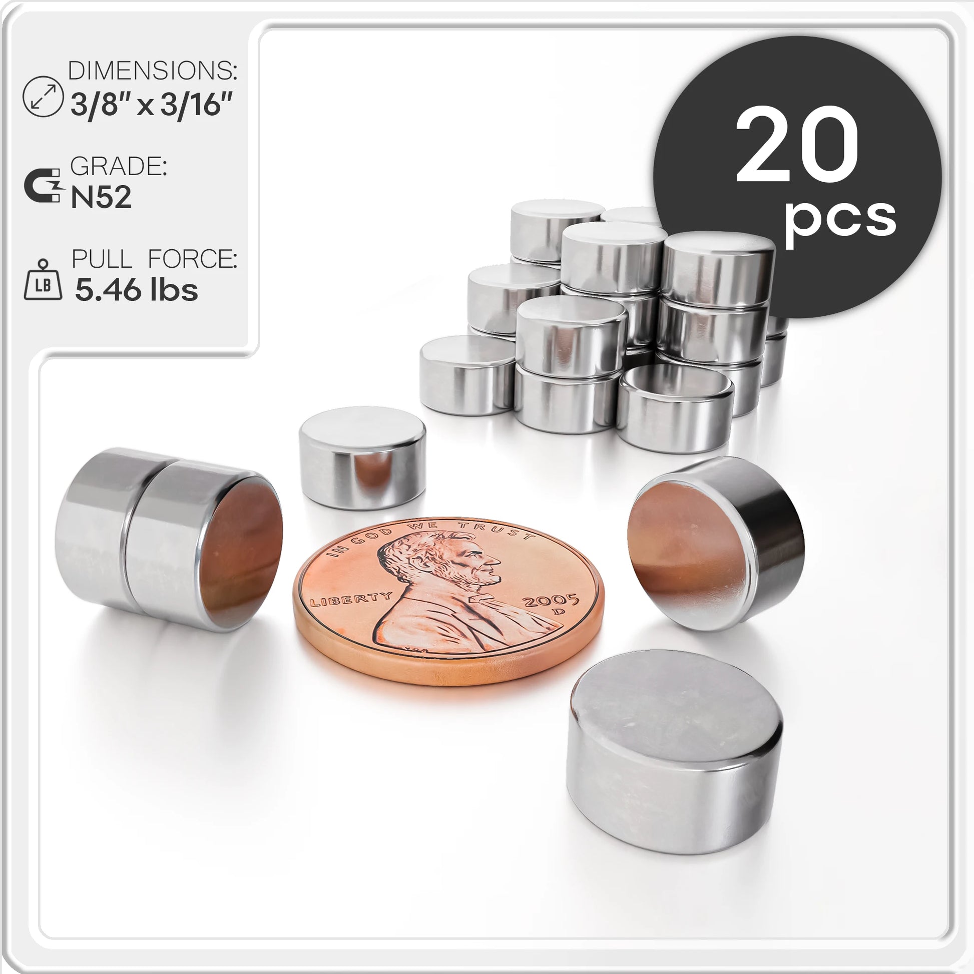 3/8 x 3/16 Inch Neodymium Rare Earth Disc Magnets N52