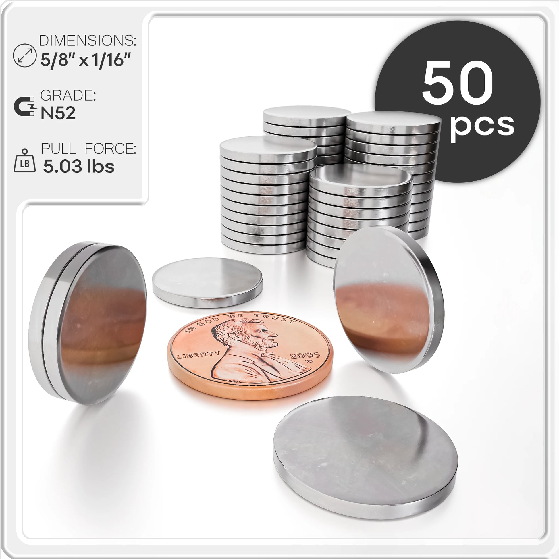 5/8 x 1/16 Inch Strong Neodymium Rare Earth Disc Magnets N52
